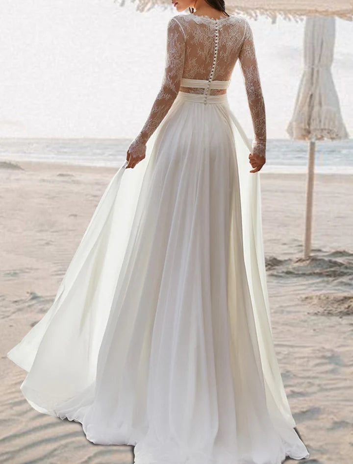 Wholesale A-Line/Princess V-Neck Floor-Length Lace Wedding Dress